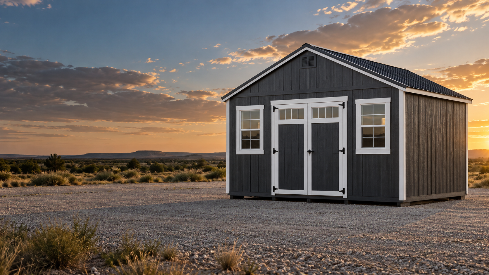 Charcoal portable storage building in a West Texas landscape